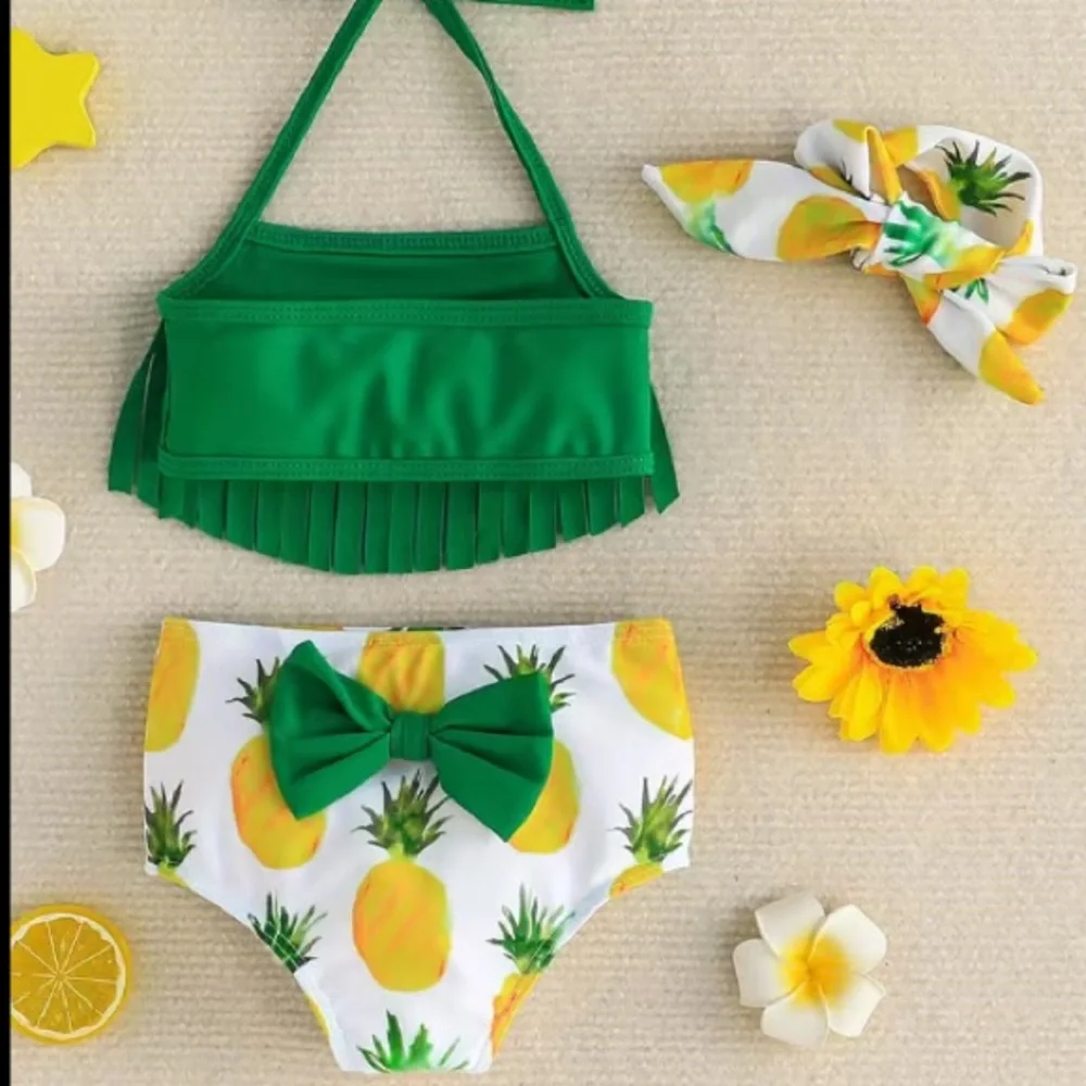 NWT Toddler Girl Pineapple Fringe Bikini Swimsuit 3-Piece Set Size 3-4T